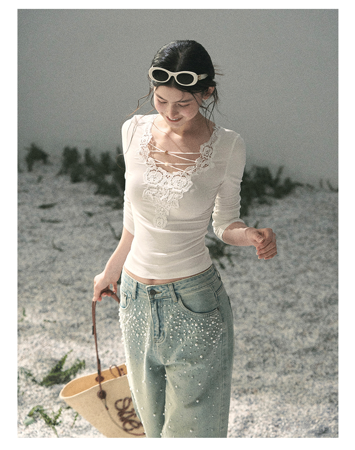 “Lace Summer Haven” Frost White Lace V-Neck Top