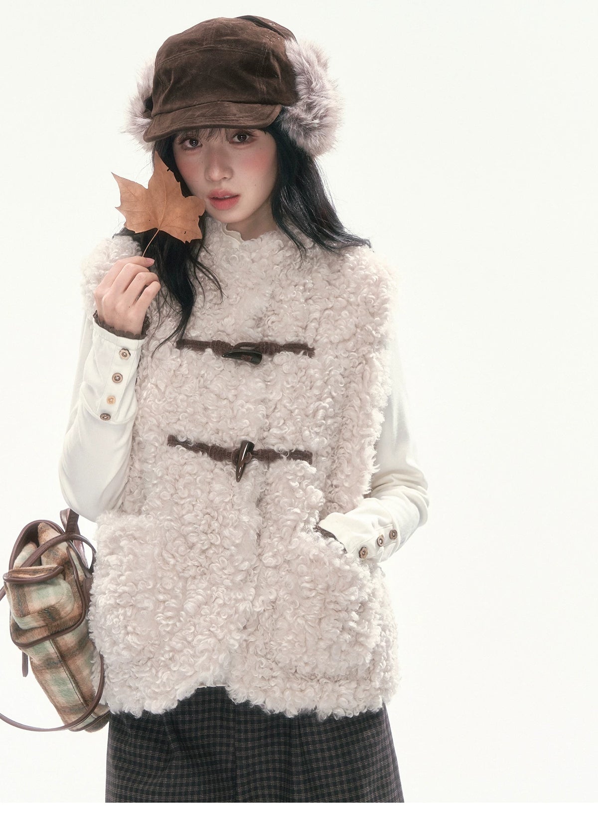 CAN - "The Velvet Alcove" Light Coffee Brown Reversible Plaid Shearling Vest