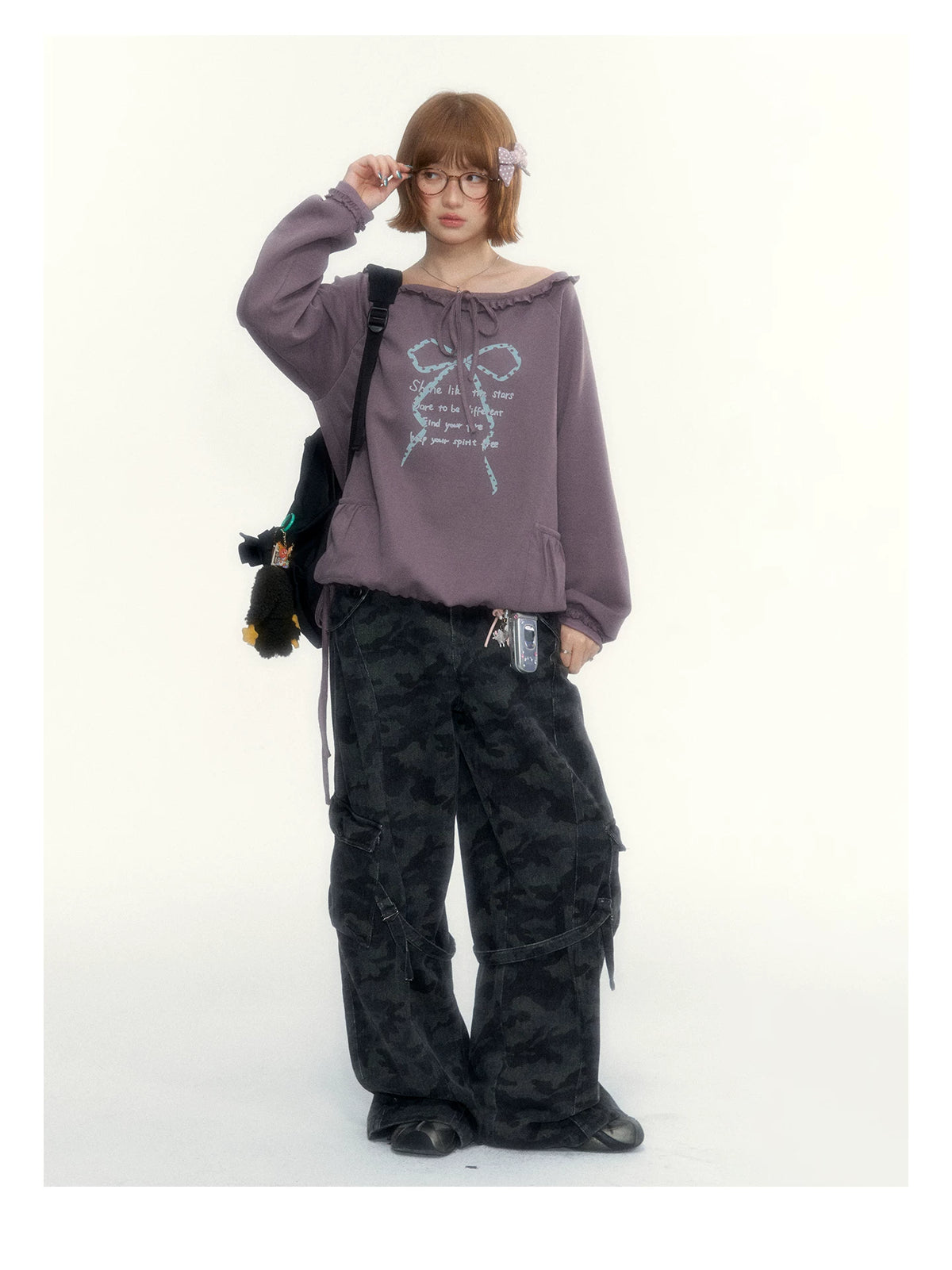 Deep Purple Bow-Tie Lettuce-Trim Off-Shoulder Sweatshirt