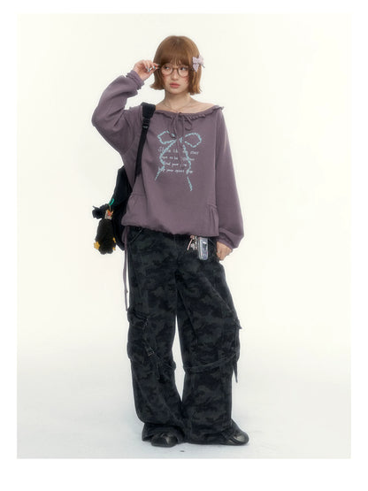Deep Purple Bow-Tie Lettuce-Trim Off-Shoulder Sweatshirt