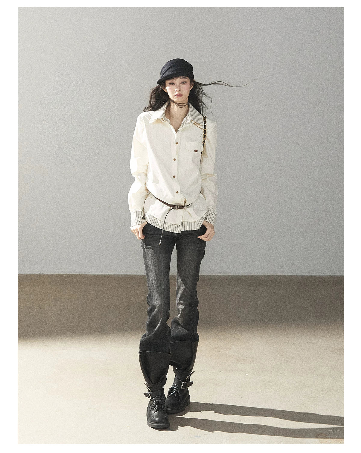 AOMALM - Cream White Stripe Belted Shirt Top