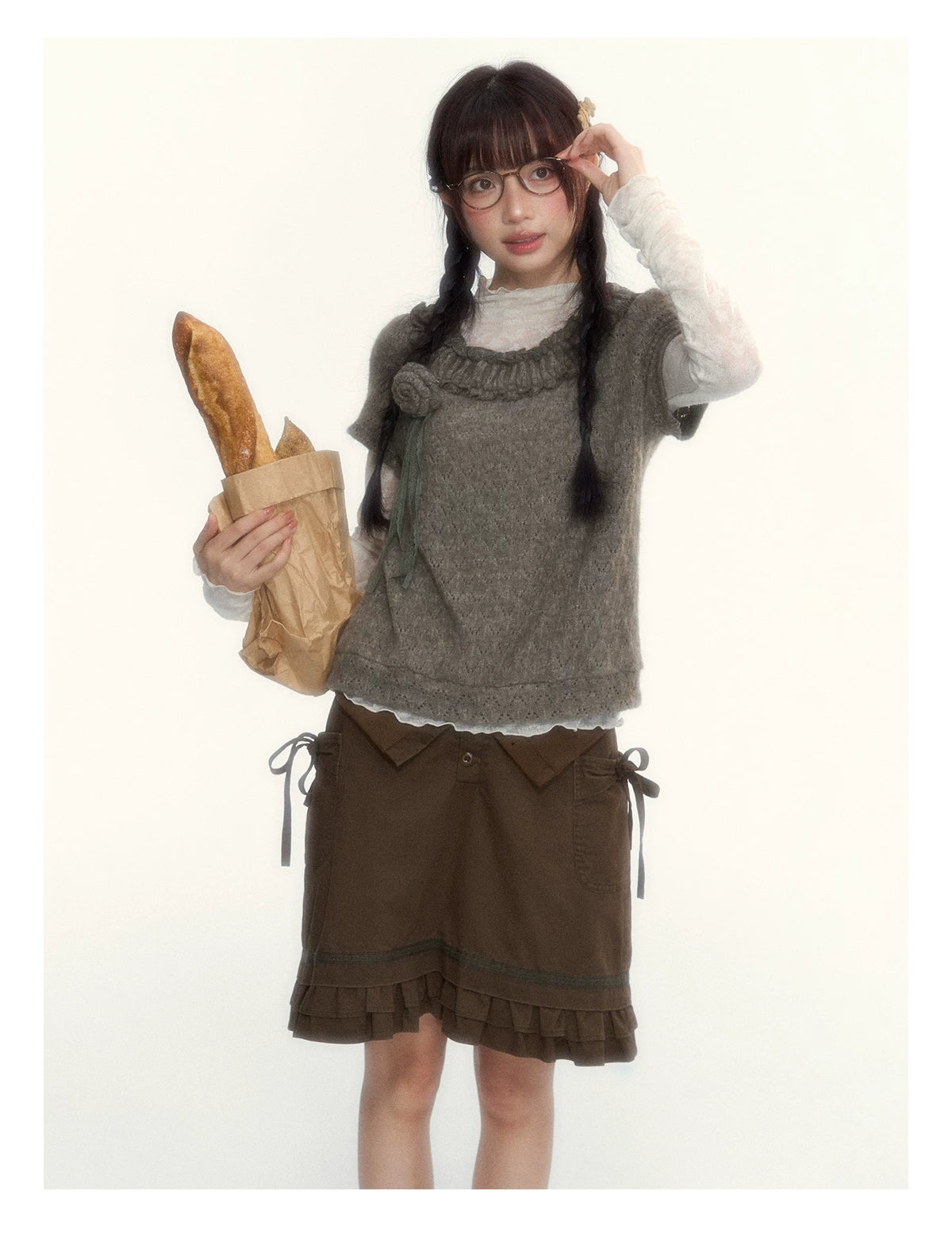 “Hazelnut Mousse” Tea Brown Vintage 3D Floral Ruffle Knit Top