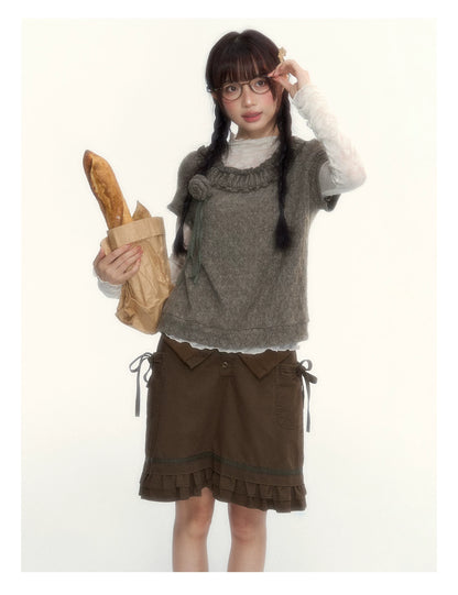 “Hazelnut Mousse” Tea Brown Vintage 3D Floral Ruffle Knit Top