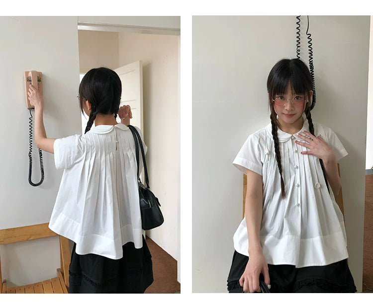 "Hyacinth Letter" White Cotton Peter Pan Collar Pleated Blouse