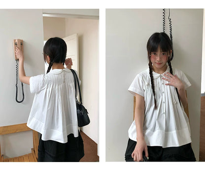 "Hyacinth Letter" White Cotton Peter Pan Collar Pleated Blouse