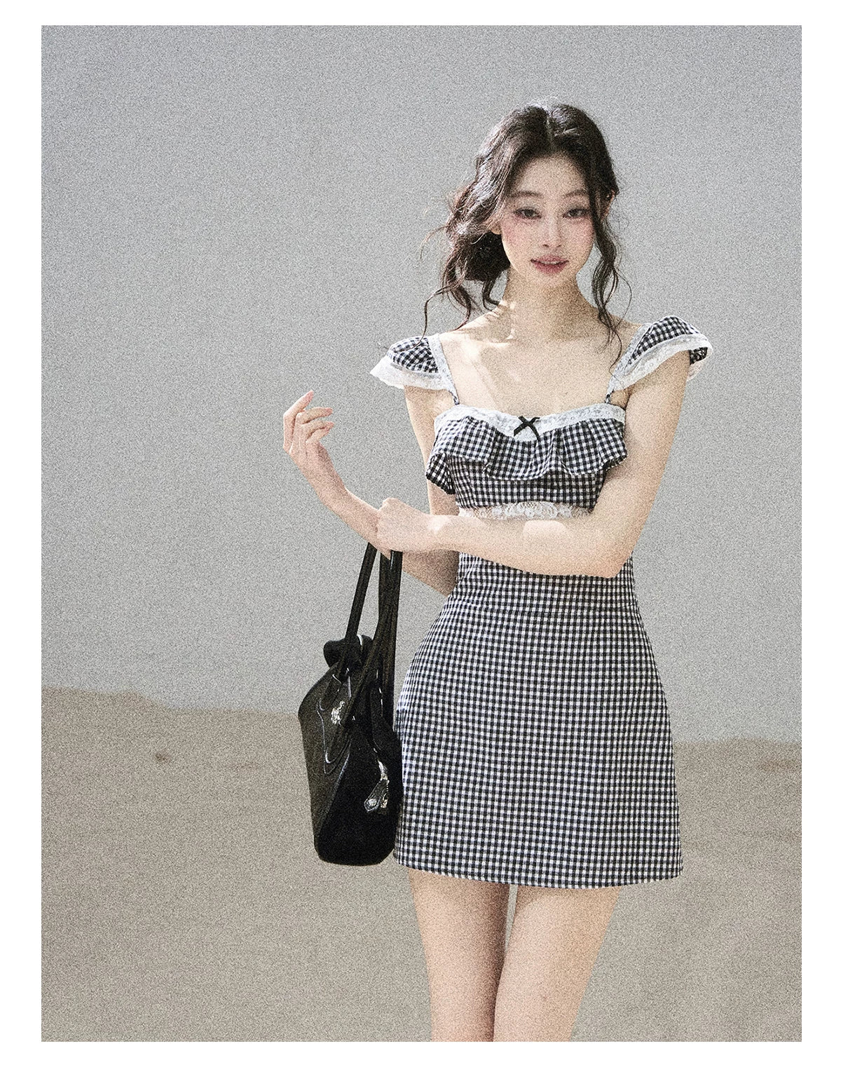"Her in the Old Film" French Lace Plaid A-Line Mini Dress