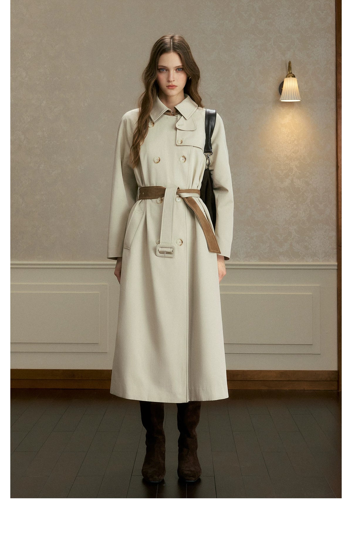 oshea - Moonlight Gray Double-Breasted Belted Long Trench Coat