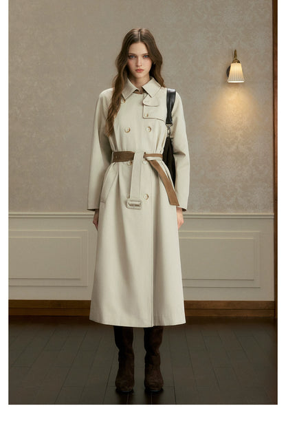 oshea - Moonlight Gray Double-Breasted Belted Long Trench Coat