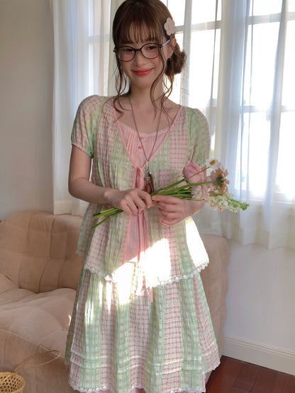 [RF] “Green Grape Picnic” Pastel Plaid Two-Piece Skirt Set