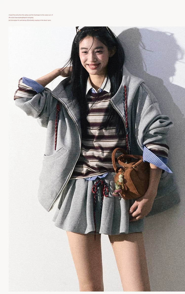 OAKMOO/ "A Trace of Self" Light Heather Gray Miu-Inspired Sporty Hoodie & Skirt Set