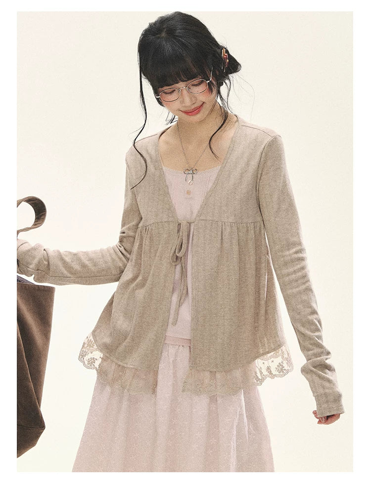 "Roasted Tea Heart" Milk Tea Faux-Layer Lace Cardigan & Skirt Set