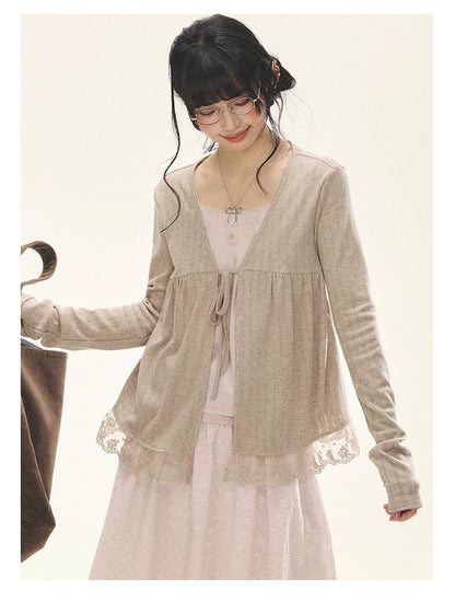 "Roasted Tea Heart" Milk Tea Faux-Layer Lace Cardigan & Skirt Set