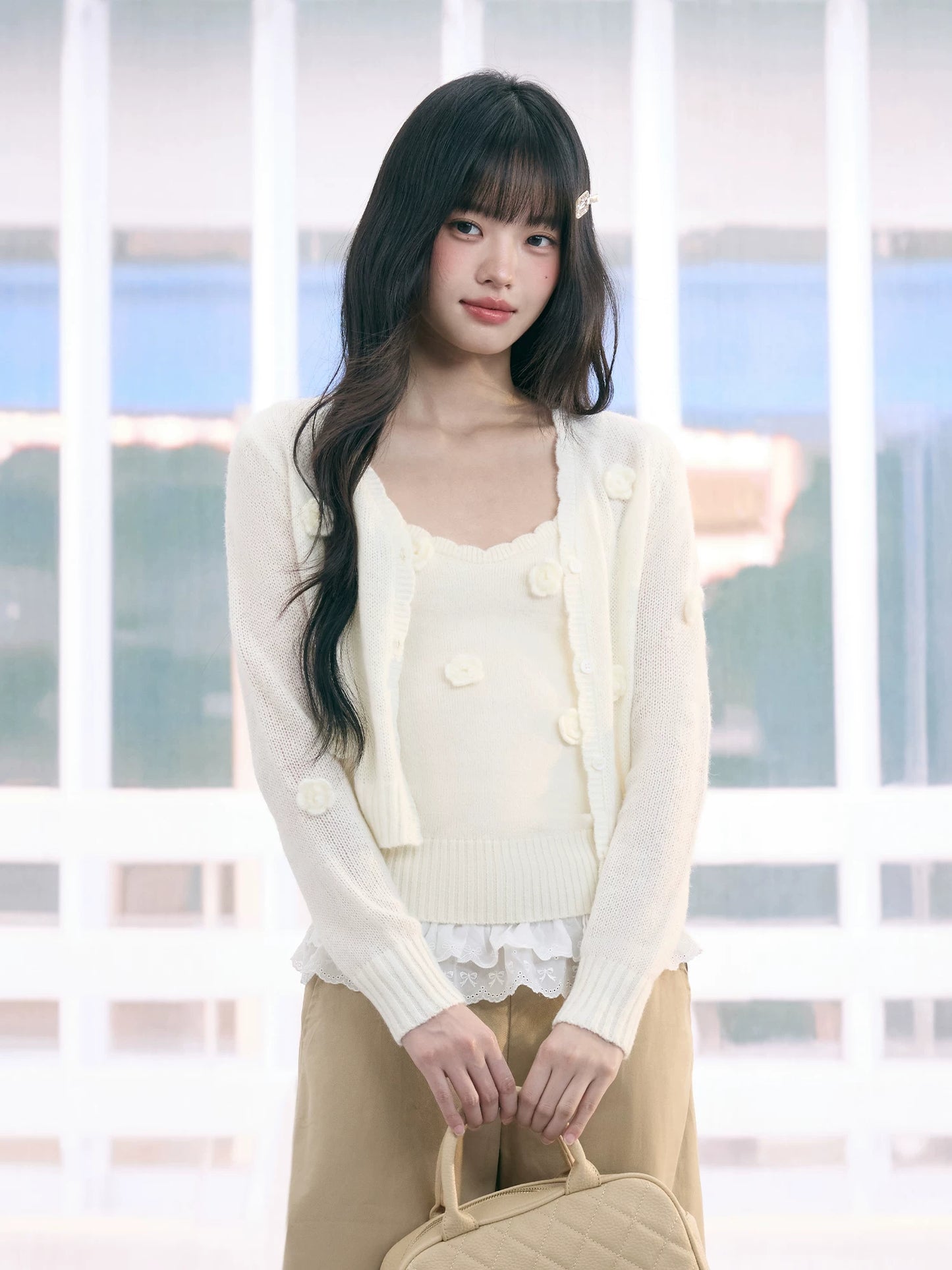 "Seoul Rose" Knit Cardigan & Camisole Set (Apricot)