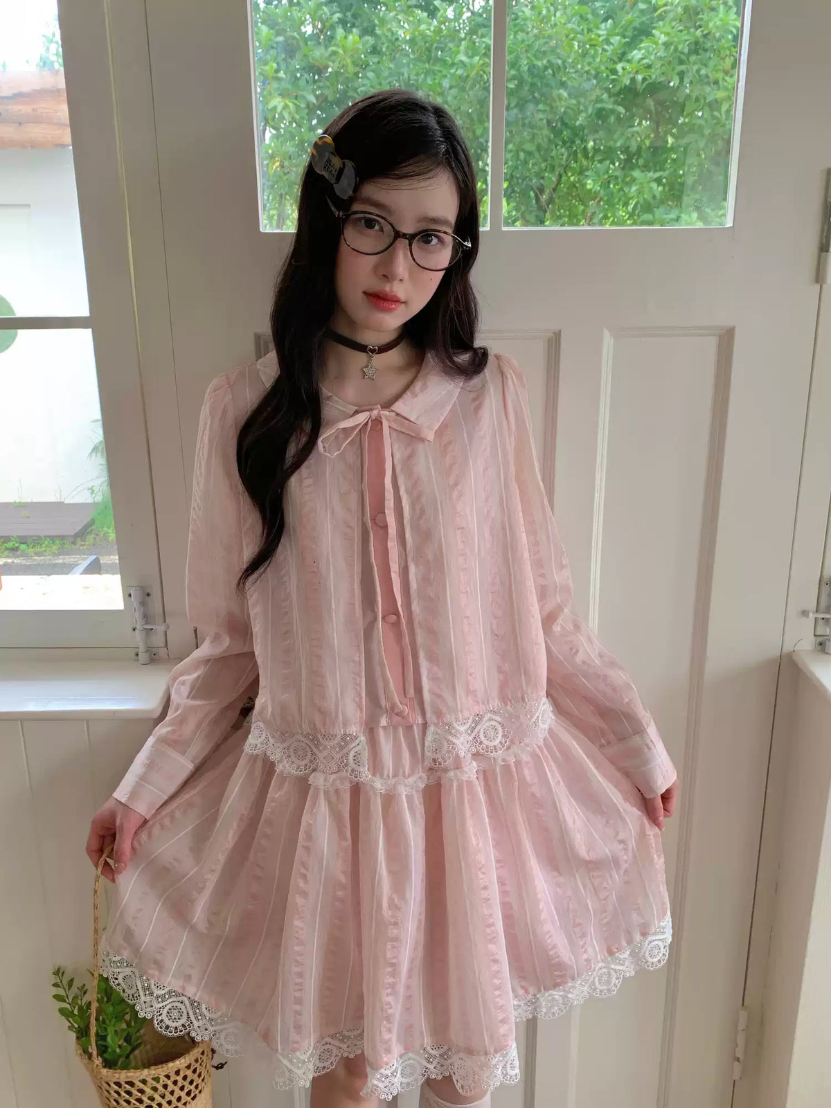 [RF] “Blush Cloud Reverie” Pink Lace-Trim Stripe Blouse & Skirt Set