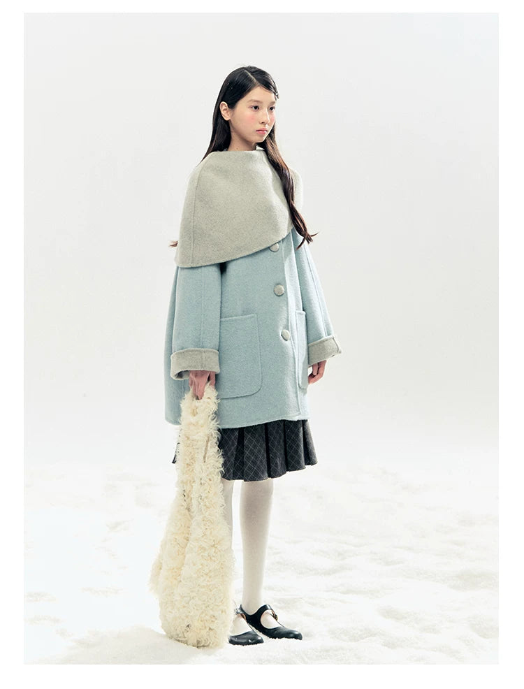 "Double Winter Embrace" Blue & Gray Reversible Wool-Blend Cape Coat