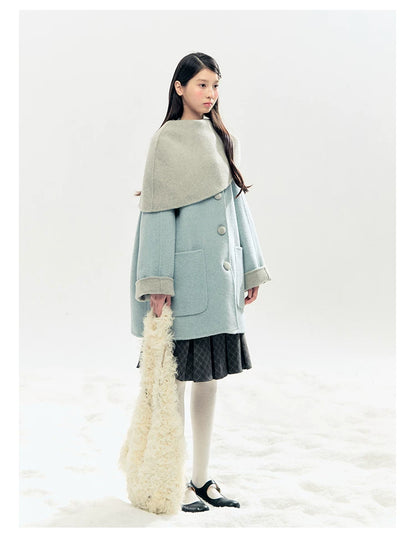 "Double Winter Embrace" Blue & Gray Reversible Wool-Blend Cape Coat