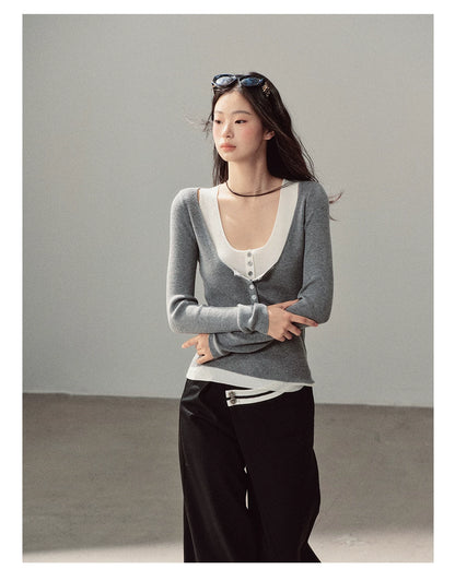 AOMALM - Korean U-Neck Faux Layered Knit Top