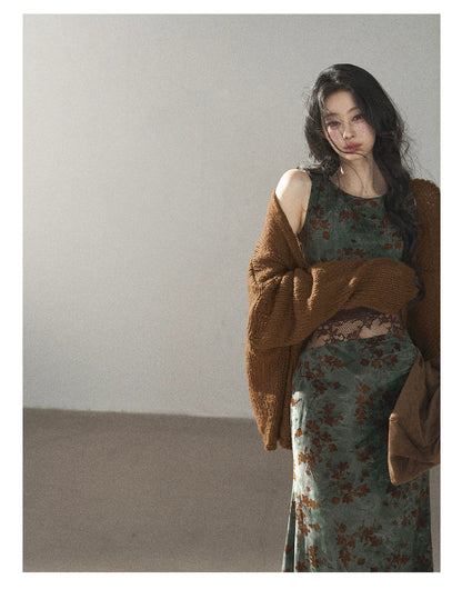 AOMALM - Caramel Brown Openwork Knit Cardigan