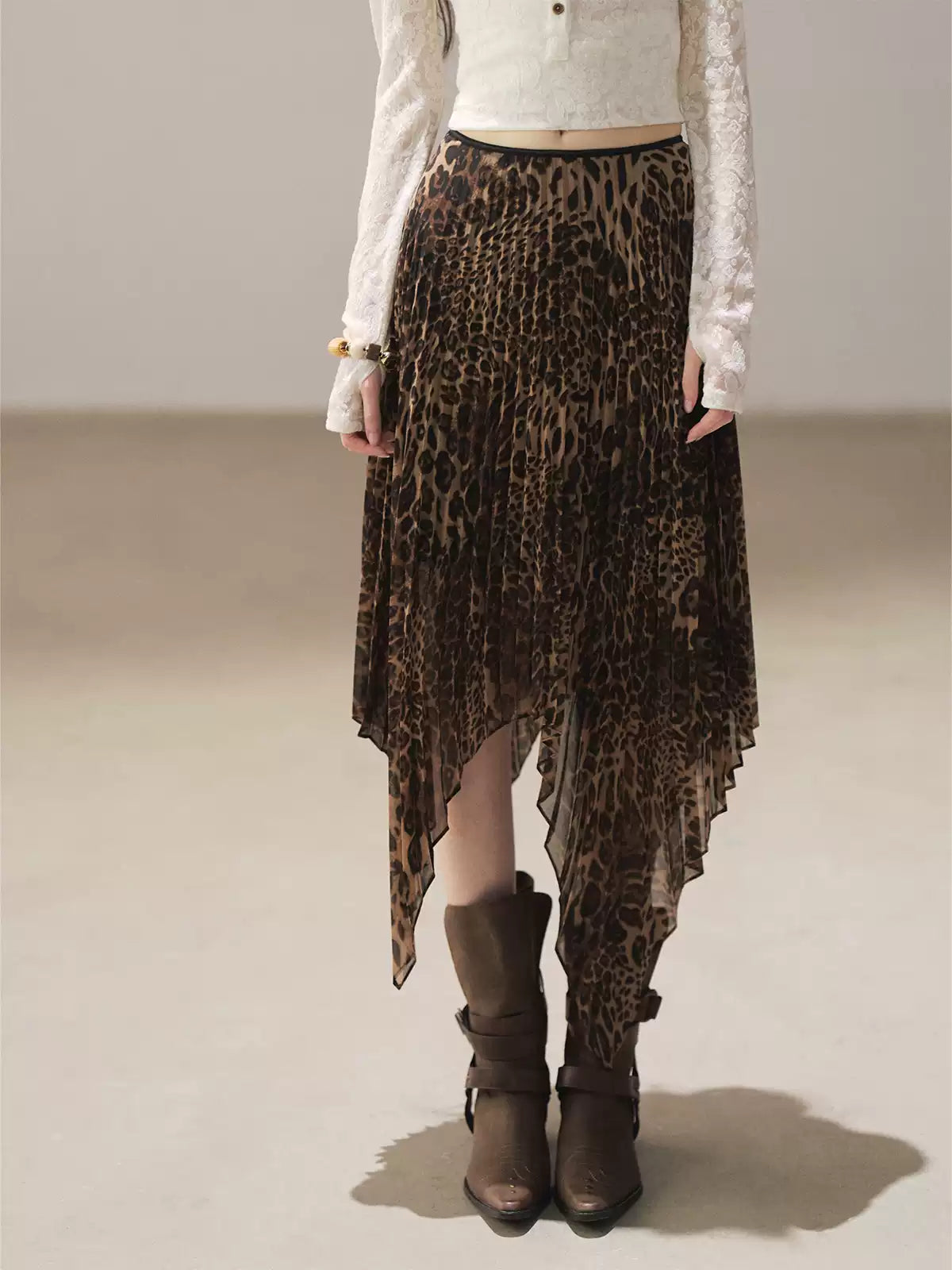 AOMALM - “Cocoa Leopard” Pleated Asymmetric Midi Skirt
