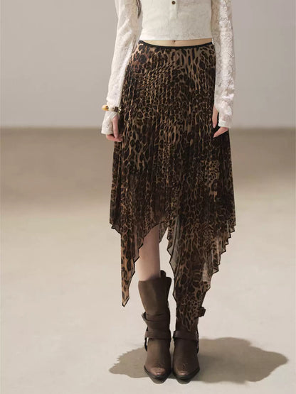 AOMALM - “Cocoa Leopard” Pleated Asymmetric Midi Skirt