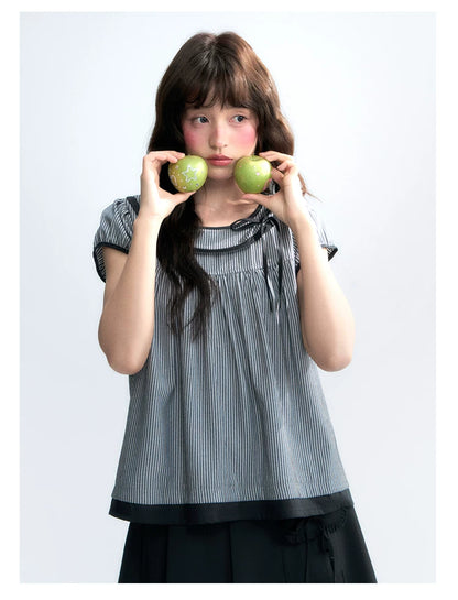 "Black Toast" Black Stripe Asymmetrical Collar Babydoll Blouse
