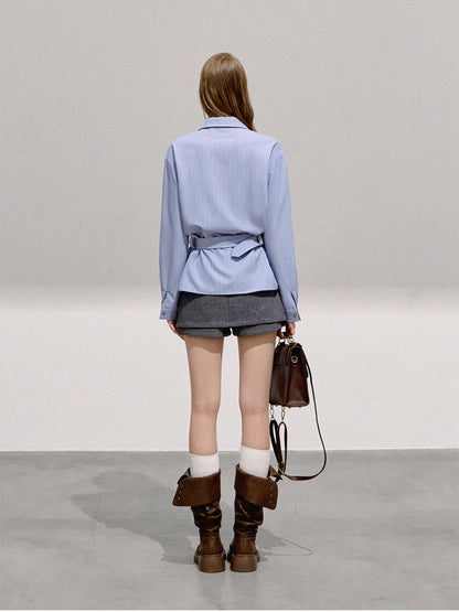 BOHOL BLING - Vintage Preppy Blue Striped Belted Loose Shirt