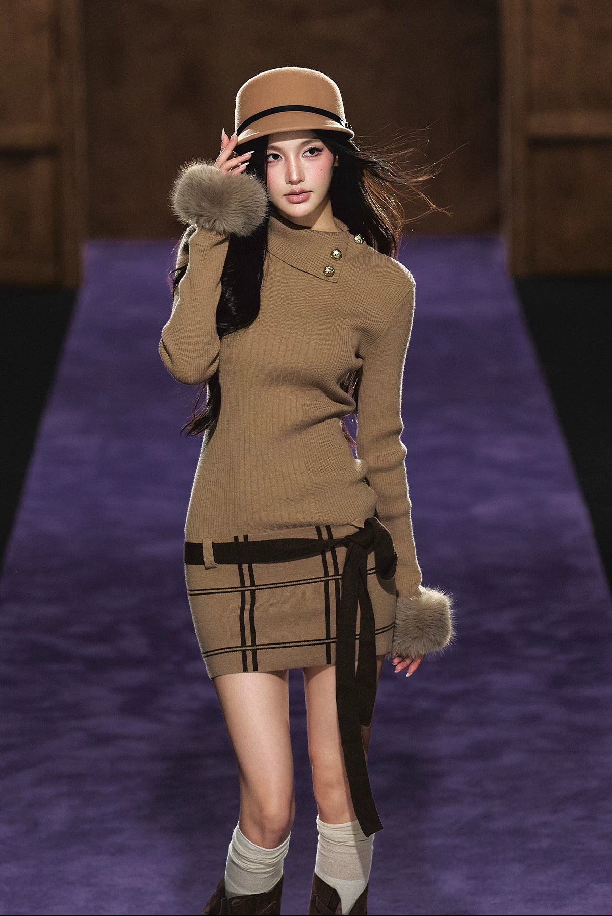 "Winter Whisper" Light Khaki Mock Neck Knit Mini Dress