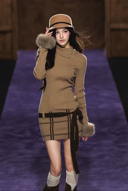 "Winter Whisper" Light Khaki Mock Neck Knit Mini Dress