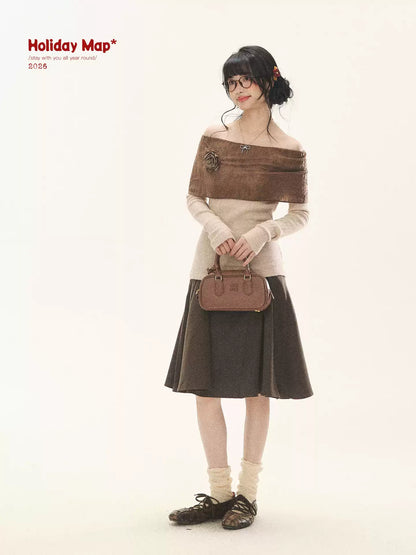 "Vintage Contrast" Brown Apricot Off-Shoulder Floral Knit Top
