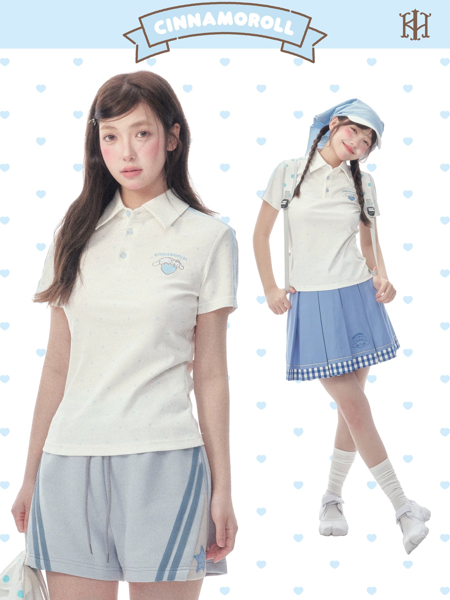 "Blue Heart Campus" Polka Dot Polo Collection (Polo Shirt / Pleated Skirt / Shorts)