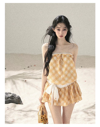 "Breeze Upon the Waves" Cheese Yellow Off-Shoulder Diamond Quilted Mini Dress