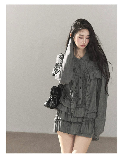 AOMALM - "Echoes in the Folds" Pearl Gray Relaxed Layered Mini Skort Set