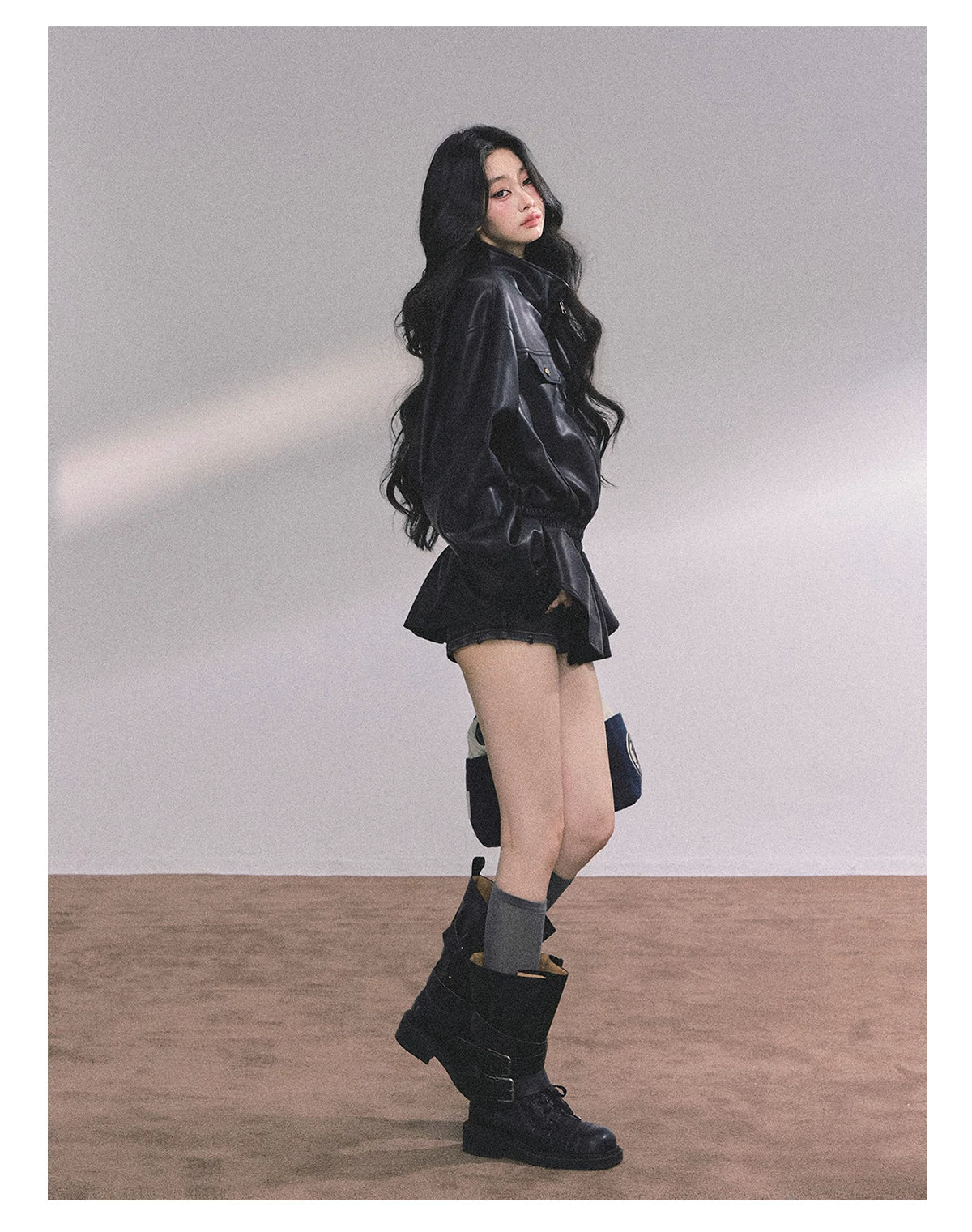 AOMALM - Burgundy PU Suede Jacket & A-Line Shorts Set