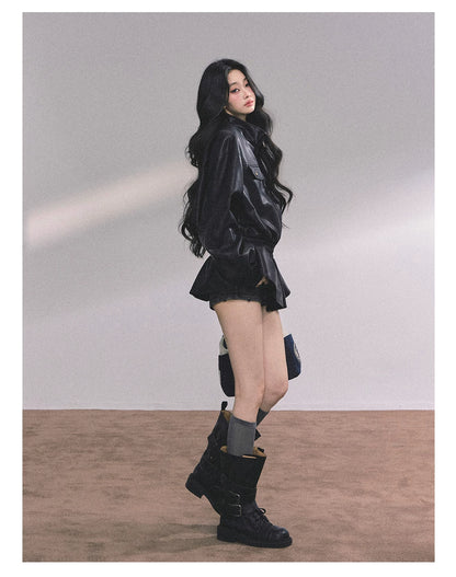 AOMALM - Burgundy PU Suede Jacket & A-Line Shorts Set