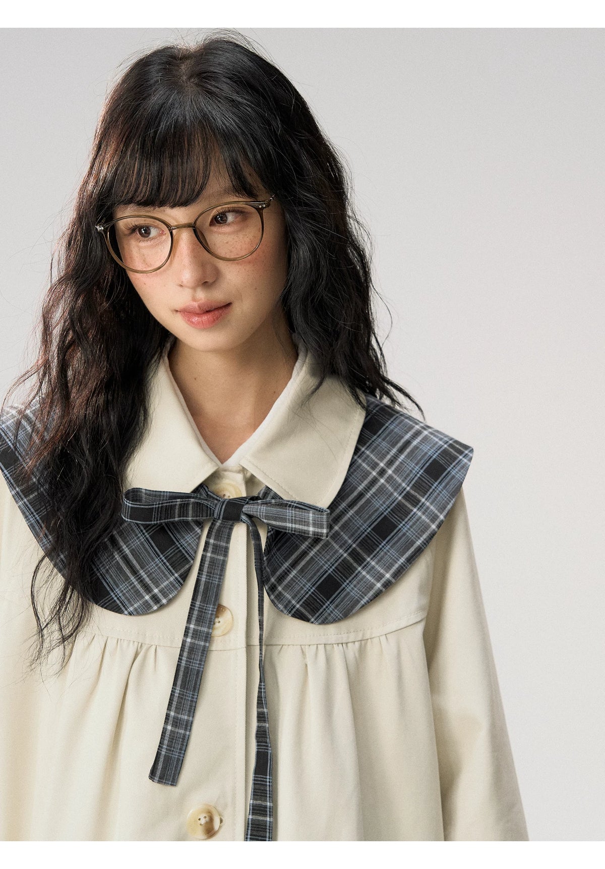 [CAN] “Oat Check Collar” Apricot Bow Cape Collar Trench Coat