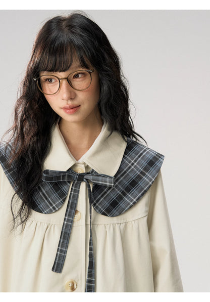 [CAN] “Oat Check Collar” Apricot Bow Cape Collar Trench Coat