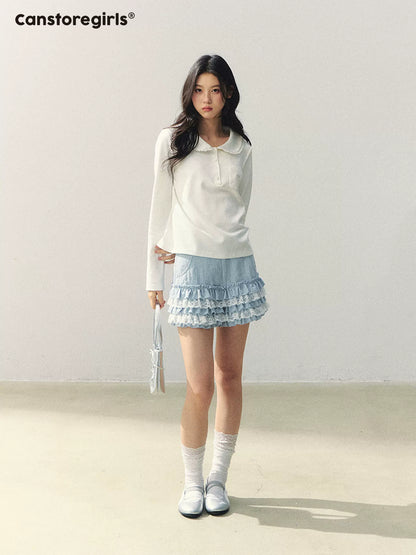 "Lace Bear Diary" Lace Collar Embroidered Knit Polo Top WW2026025