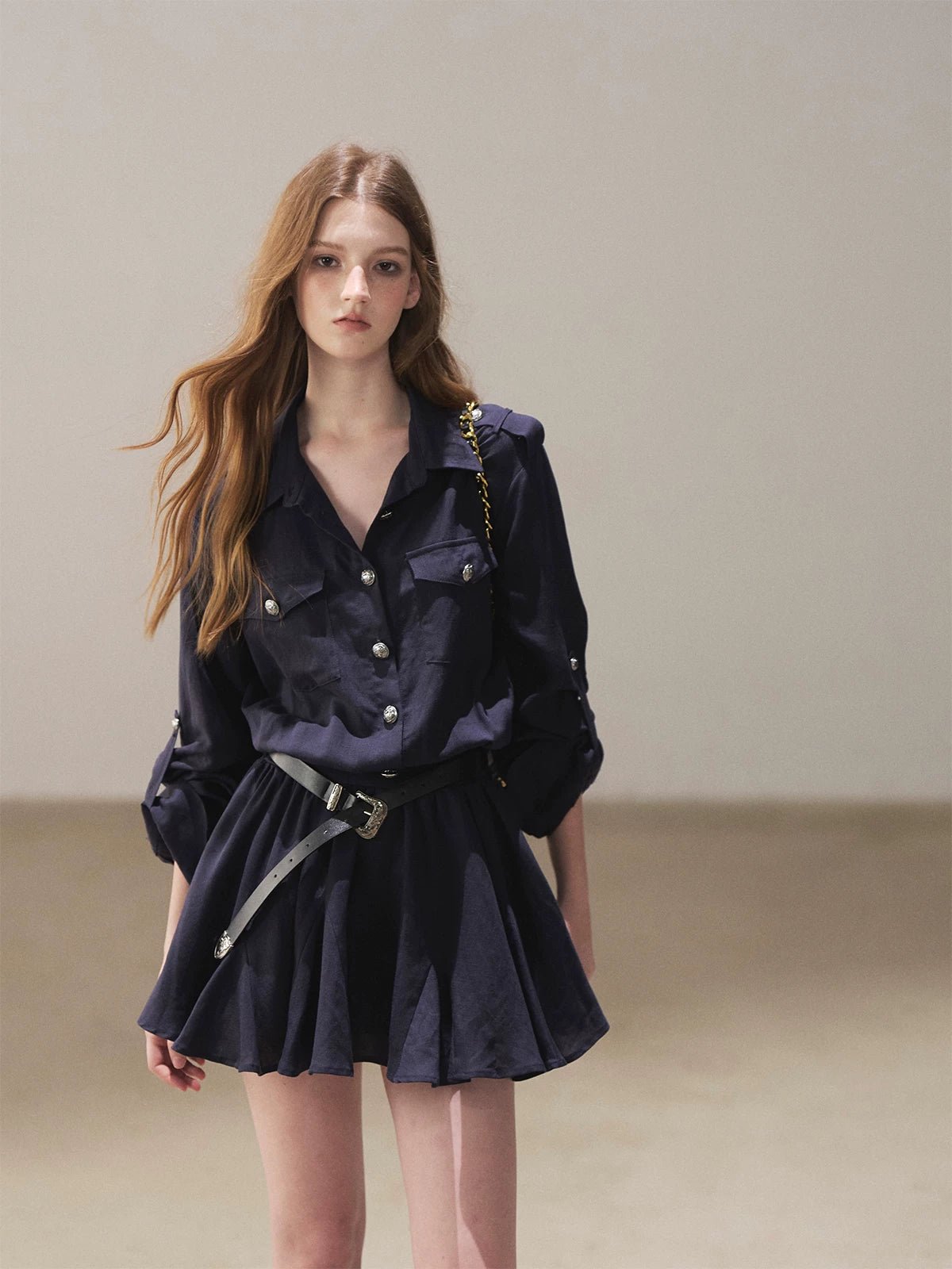 AOMALM - "Moonlight Sinks into the Sea" High-Intellect Utility Shirt Dress (Plain White / Navy Blue, with Belt & Optional Shawl)