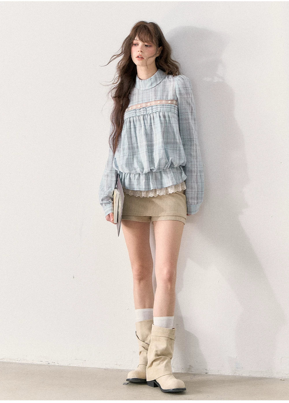[TMMG] French Vintage Plaid Lace Ruffle Blouse (Blue Plaid)