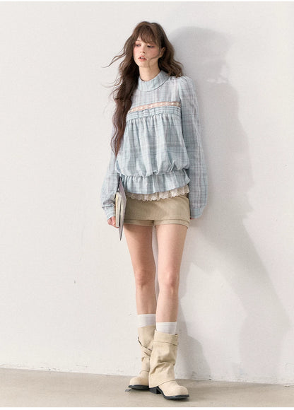 [TMMG] French Vintage Plaid Lace Ruffle Blouse (Blue Plaid)