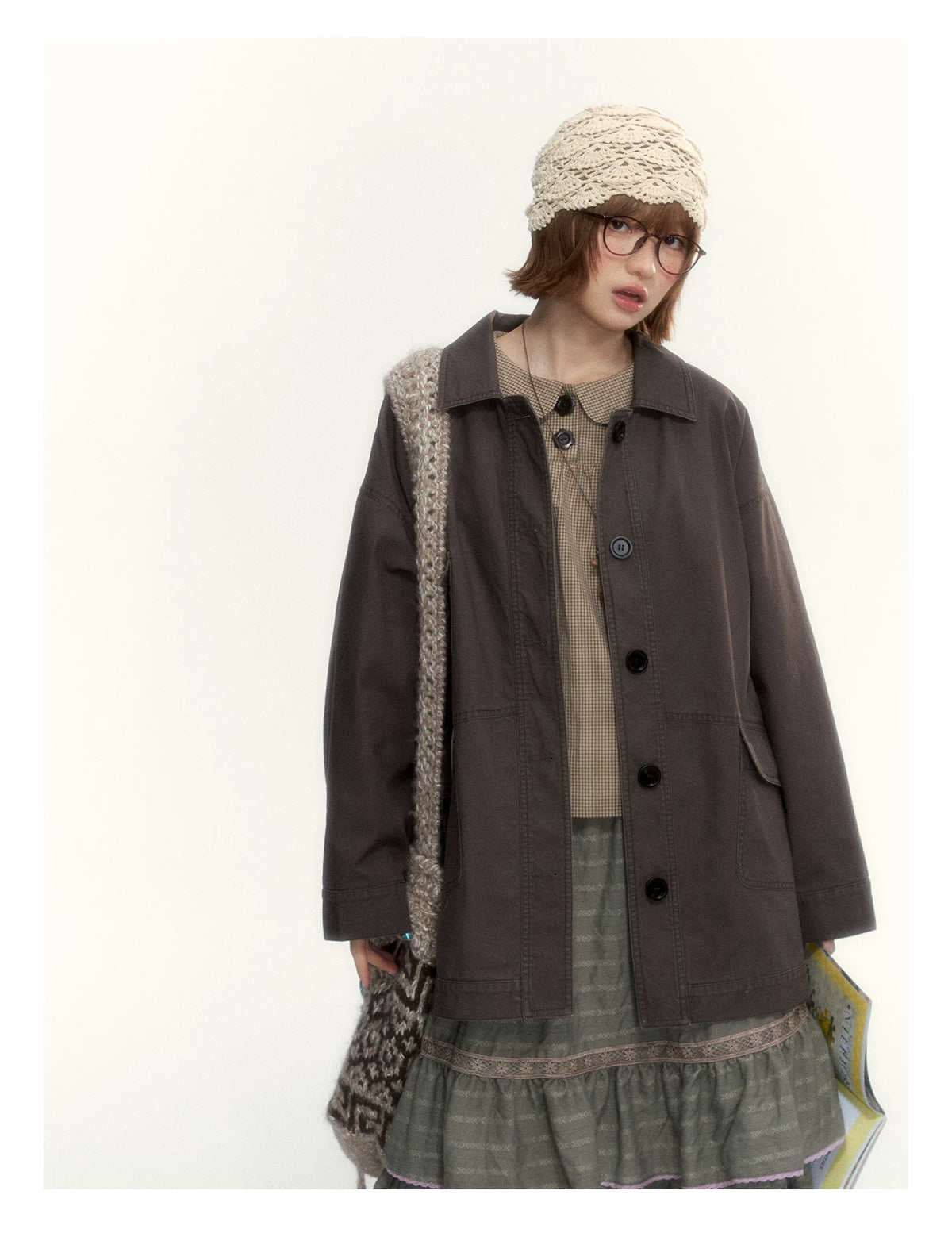 "The Vintage Darling" Light Coffee Plaid Cotton Peter Pan Collar Blouse