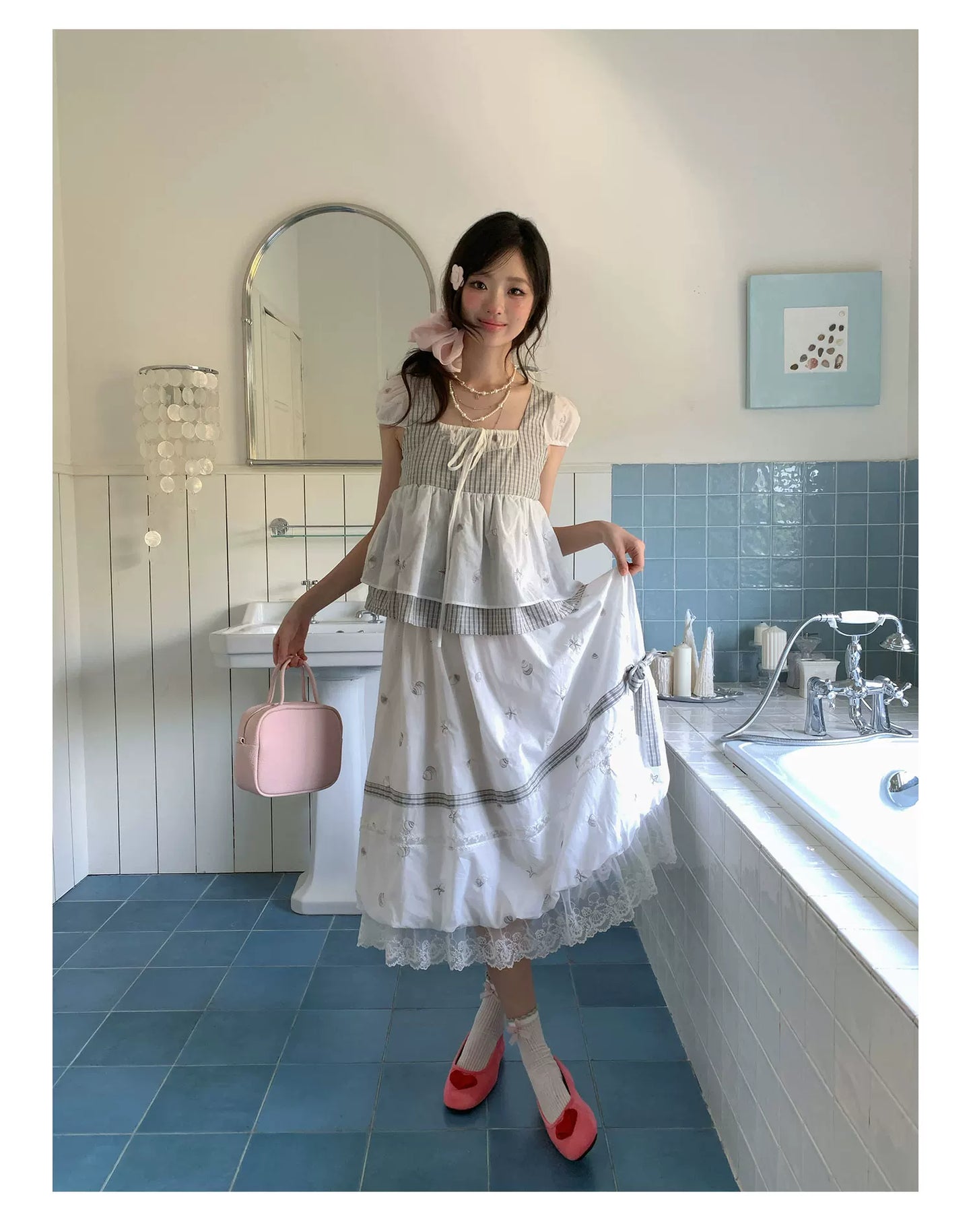 “Misty Isle White Tea” Grey White Polka Dot Skirt Set