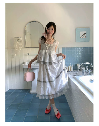 “Misty Isle White Tea” Grey White Polka Dot Skirt Set