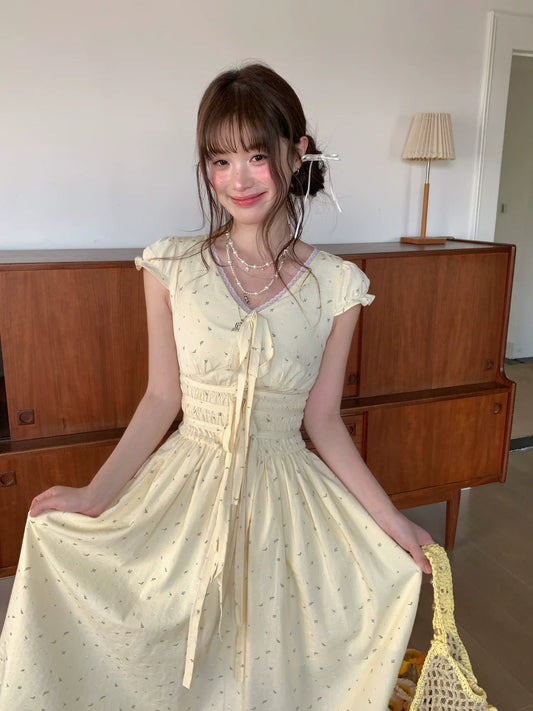 [RF] “Butter Peach Blossom” Goose Yellow Floral Maxi Dress