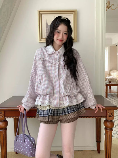 [RF] “Cream Garden Reverie” Light Purple Plaid Ruffle Lace-Trim Jacket