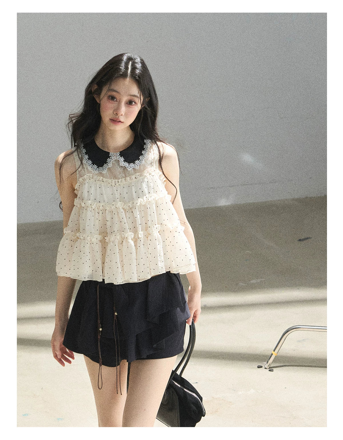 "A Dream Like Foam" French Polka Dot Chiffon Babydoll Blouse