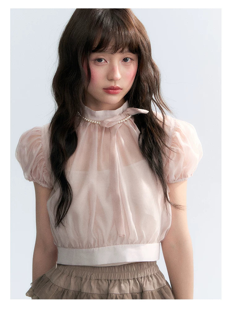 Vintage Stand Collar Bow Puff Sleeve Waist-Cinching Blouse with Knit Cami Set