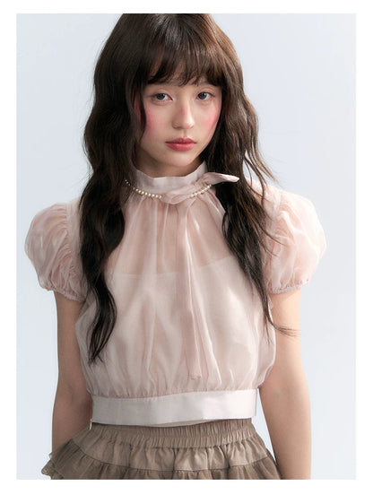 Vintage Stand Collar Bow Puff Sleeve Waist-Cinching Blouse with Knit Cami Set