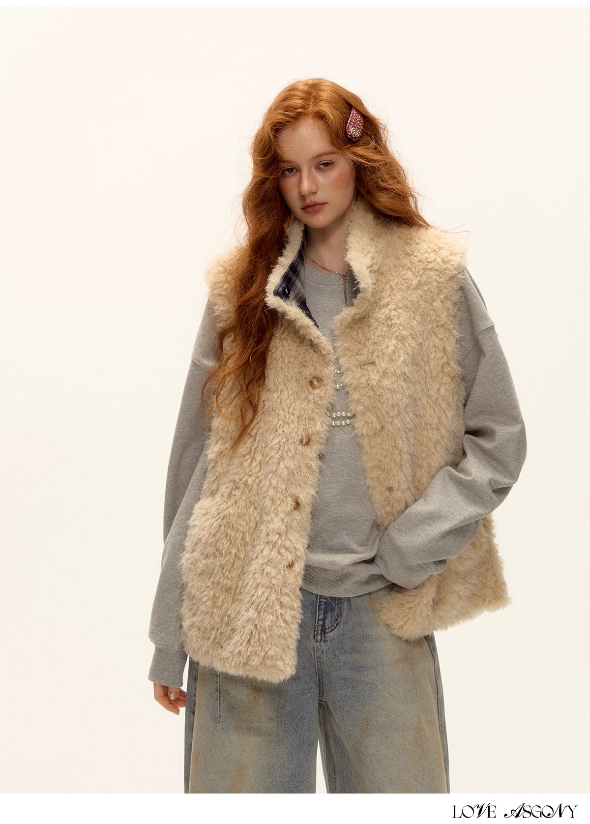 ASGONY - Reversible Plaid & Faux Fur Stand-Collar Vest