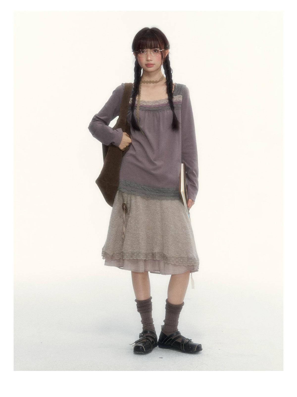 Gray Purple Lace-Trimmed Square-Neck Long-Sleeve T-Shirt